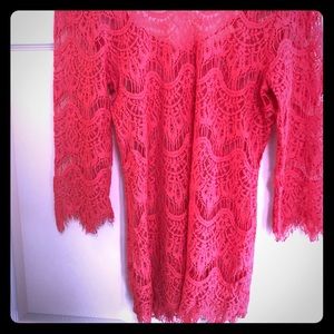 Coral lace crocheted top with zipper back
